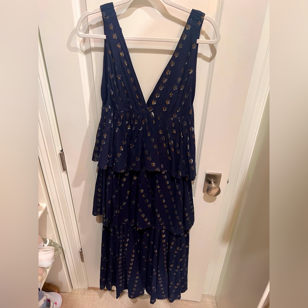 Rhode Navy & Metallic Hearts Tiered Dress - Size M